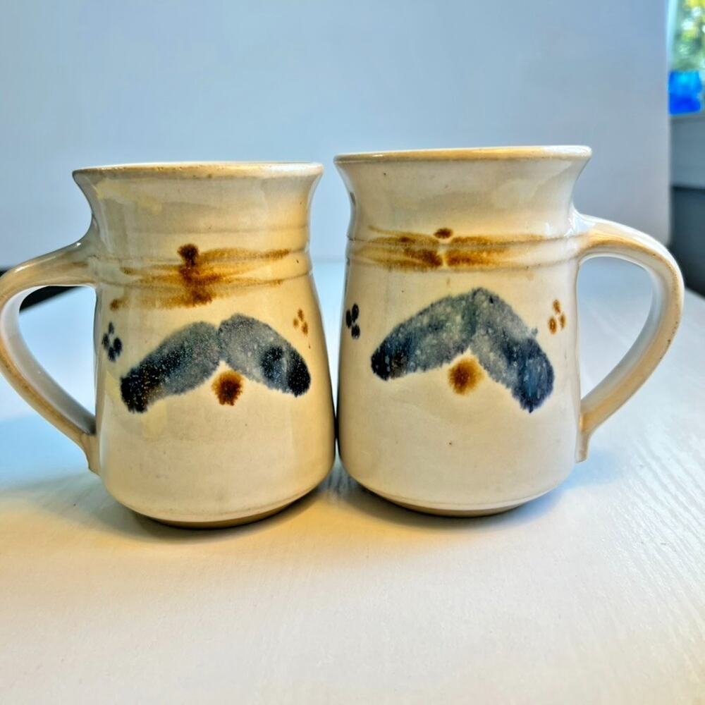 Vintage Studio Pottery Mugs Pair Handmade Ceramic Blue Brown Abstract Marked Set